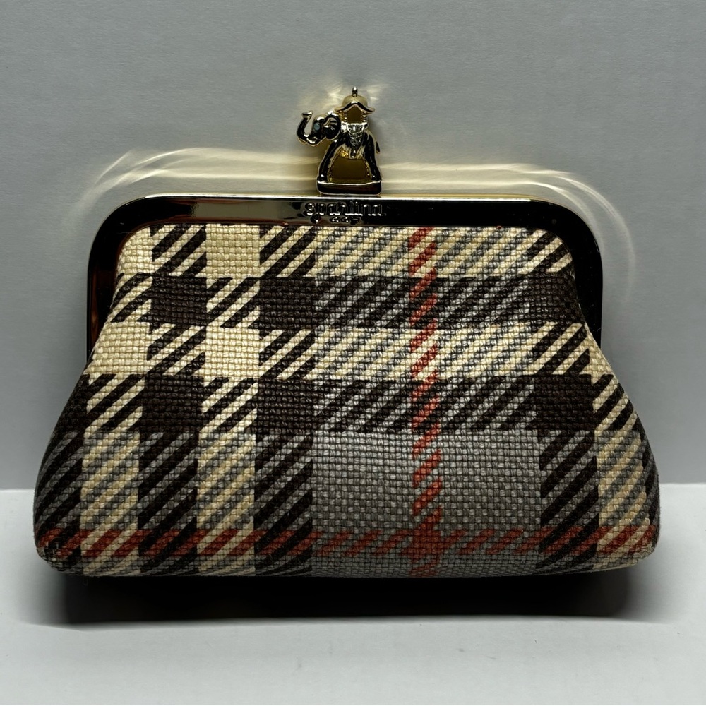 Plaid Frame Clasp Coin Purse - Brown & Cream